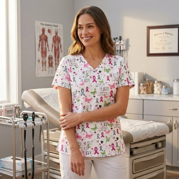 SB Scrubs Tops - SB Scrub Top – Pink/White – V-Neck – Size‎ S